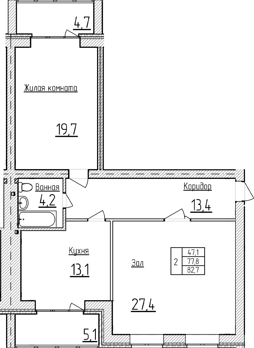 2-комн., 77.8 м², 5/5 этаж, ЖК «Фестивальный»