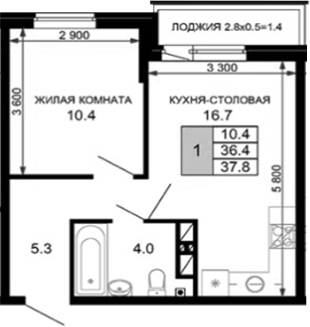 1-комн., 36.4 м², 9/16 этаж, ЖК «Дыхание»