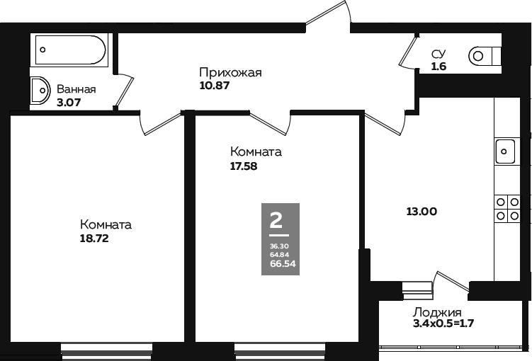 2-комн., 63.5 м², 8/24 этаж, ЖК «Левада»