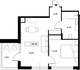 1-комн., 42.88 м², 4/6 этаж, ЖК «Гостиничный комплекс Белые ночи»