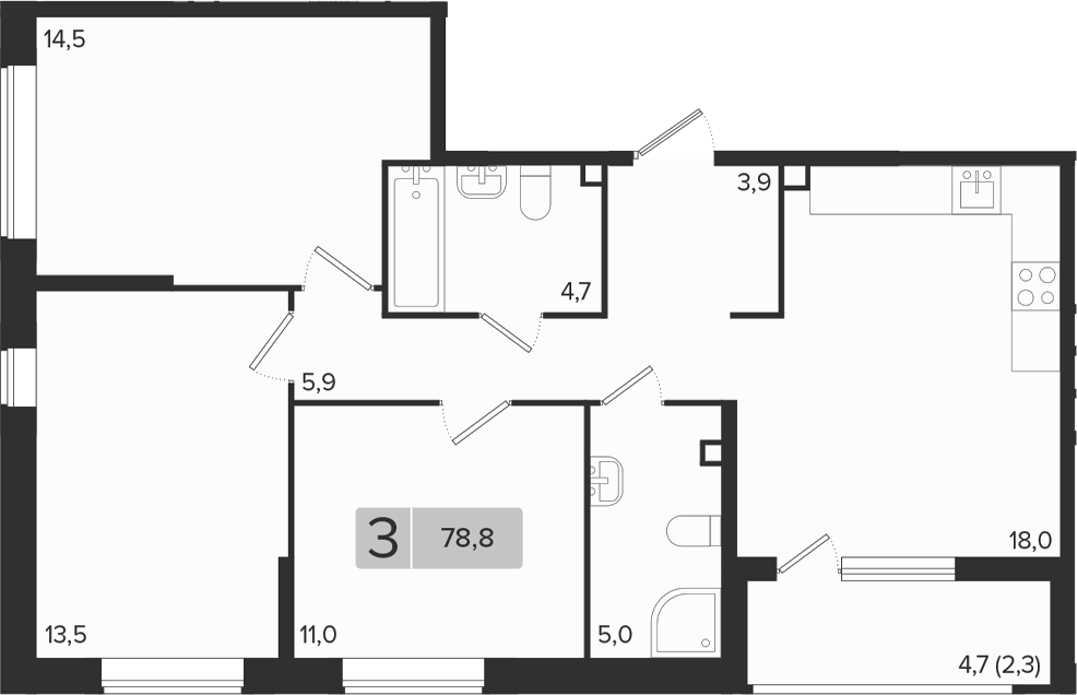 3-комн., 76.5 м², 2/9 этаж, ЖК «Эрмитаж»