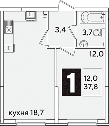 2-комн., 37.8 м², 2/16 этаж, ЖК «Самолет»