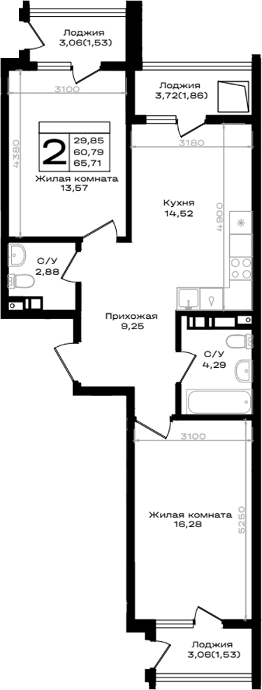 2-комн., 60.79 м², 6/9 этаж, ЖК «ЮЖНО»