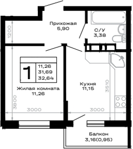 1-комн., 31.69 м², 5/16 этаж, ЖК «Горные высоты»