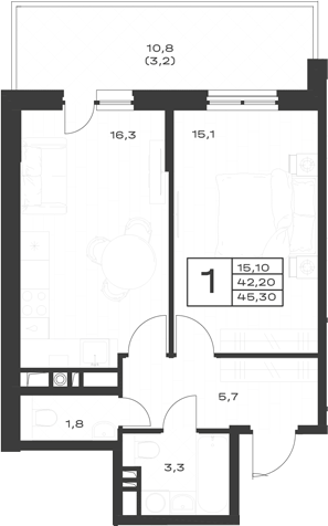 Продается 1-комн. квартира, 42.2 м²