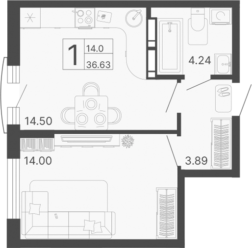1-комн., 36.63 м², 8/17 этаж, ЖК «Светский лес»