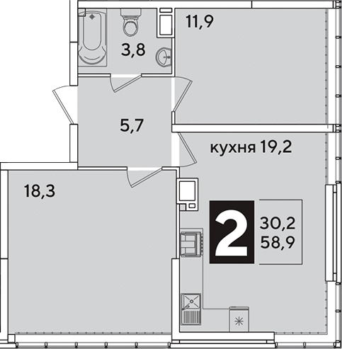 3-комн., 58.9 м², 15/16 этаж, ЖК «Самолет»