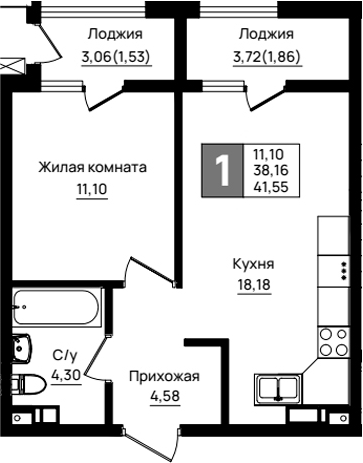 1-комн., 38.16 м², 5/9 этаж, ЖК «Резиденция морей»