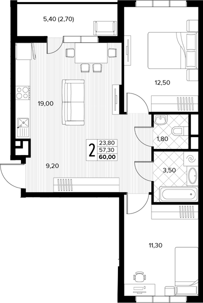 2-комн., 57.3 м², 6/7 этаж, ЖК «Кипарис»