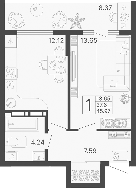 1-комн., 37.6 м², 12/14 этаж, ЖК «Светский лес»