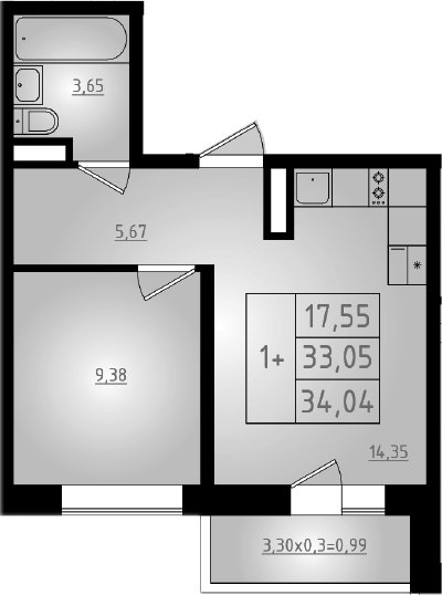 2-комн., 33.05 м², 7/8 этаж, ЖК «Мега 2»