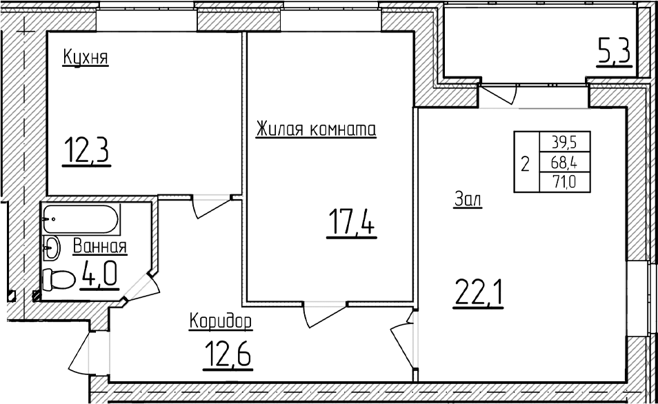 2-комн., 68.35 м², 4/5 этаж, ЖК «Фестивальный»