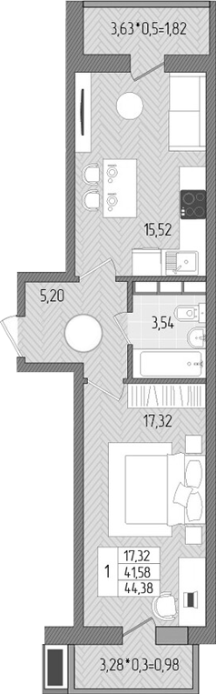 1-комн., 41.58 м², 3/8 этаж, ЖК «Сады у моря»