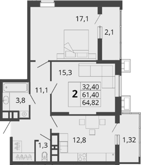 2-комн., 61.4 м², 16/18 этаж, ЖК «Родные Просторы»