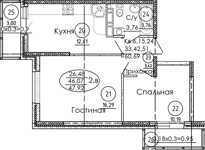 Продается 2-комн. квартира, 46.07 м²