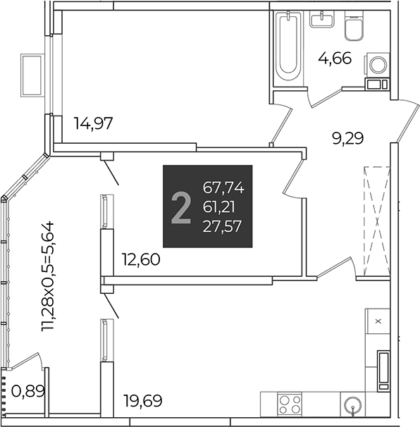 2-комн., 61.21 м², 13/21 этаж, ЖК «Образцово»