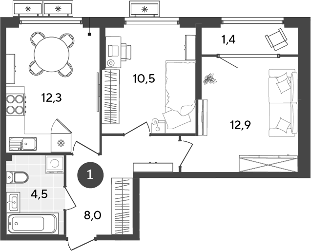 2-комн., 48.2 м², 2/9 этаж, ЖК «Порто-Ново»