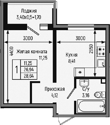 1-комн., 26.94 м², 2/9 этаж, ЖК «Ботаника Хиллс»