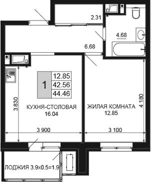 2-комн., 42.56 м², 4/16 этаж, ЖК «Сегодня»