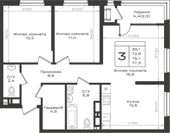 3-комн., 72.9 м², 5/14 этаж, ЖК «Нагория»