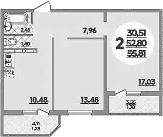 2-комн., 52.8 м², 12/16 этаж, ЖК «Восточный. Квартал №6»
