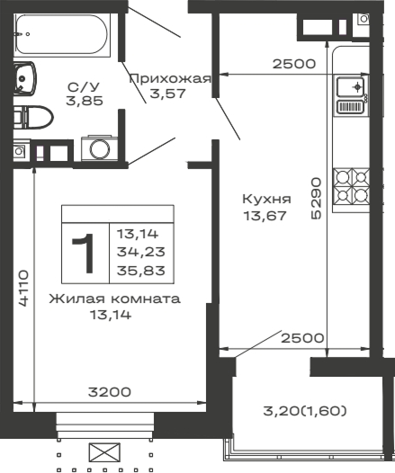 1-комн., 34.23 м², 10/13 этаж, ЖК «Долина»