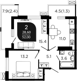 2-комн., 49.6 м², 16/23 этаж, ЖК «Отражение»
