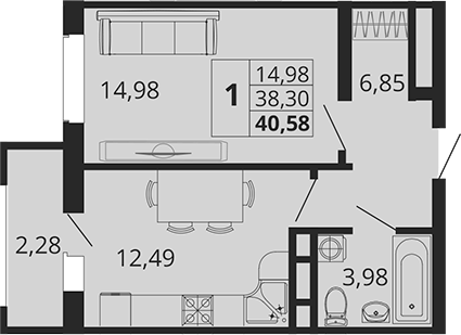 1-комн., 38.3 м², 5/18 этаж, ЖК «Родные Просторы»