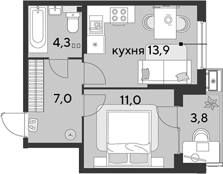 1-комн., 36.2 м², 2/9 этаж, ЖК «Парк Победы»