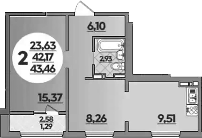 2-комн., 42.17 м², 2/8 этаж, ЖК «Молодежный 2»