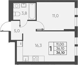 2-комн., 36.1 м², 12/15 этаж, ЖК «Барса»