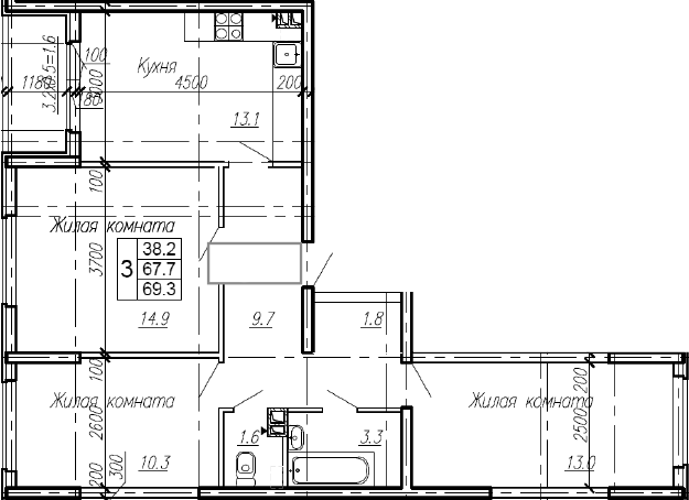 3-комн., 67.7 м², 2/4 этаж, ЖК «Эво»