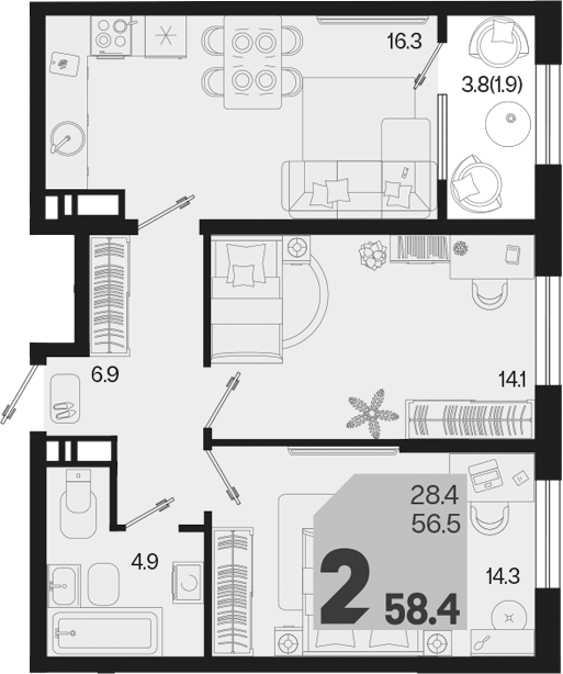 2-комн., 56.5 м², 17/18 этаж, ЖК «Первое место»