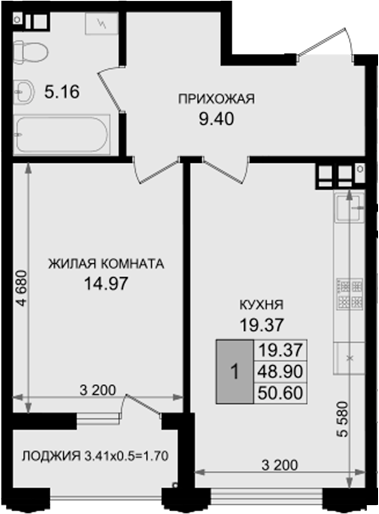 1-комн., 47.28 м², 8/8 этаж, ЖК «Резиденция морей»