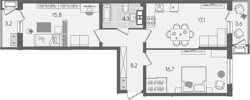 3-комн., 62.1 м², 9/24 этаж, ЖК «Рекорд»