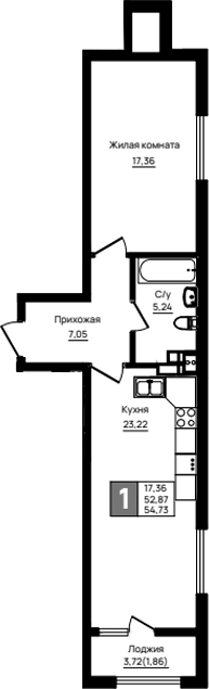 1-комн., 52.87 м², 4/18 этаж, ЖК «Резиденция морей»