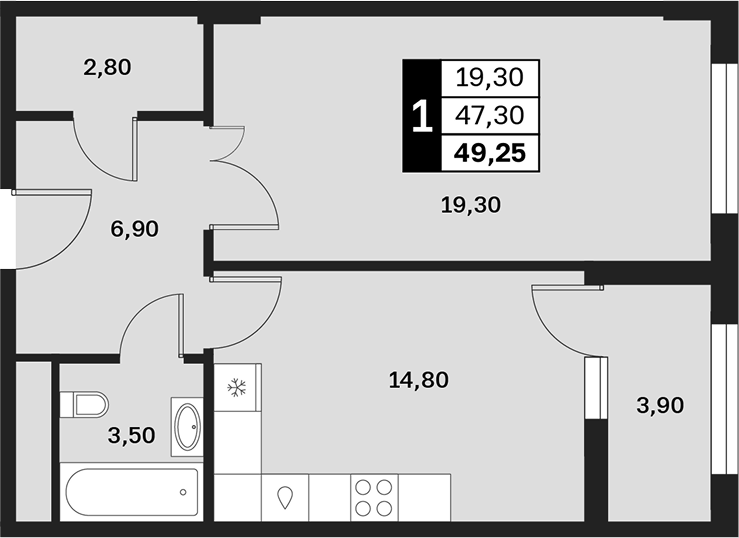 1-комн., 47.3 м², 9/12 этаж, ЖК «Аксис Патриот»