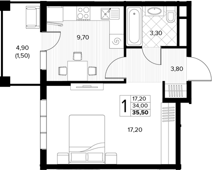 1-комн., 34 м², 3/7 этаж, ЖК «Кипарис»