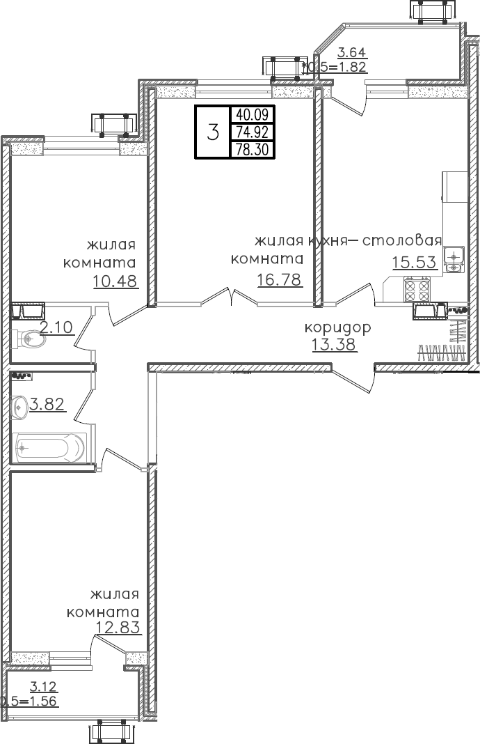 4+ комнаты, 74.92 м², 13/23 этаж, ЖК «Урал»