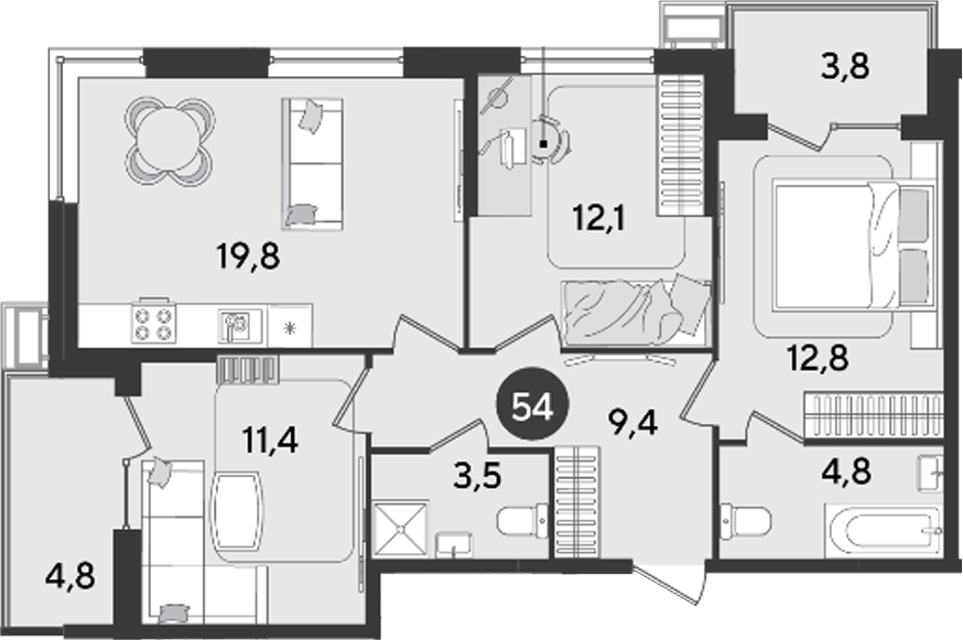 3-комн., 73.8 м², 2/9 этаж, ЖК «Парк Победы»