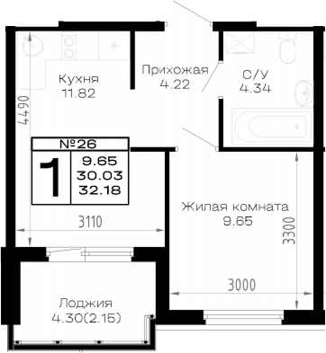 1-комн., 30.03 м², 1/4 этаж, ЖК «Усадьба Гостагаевская»