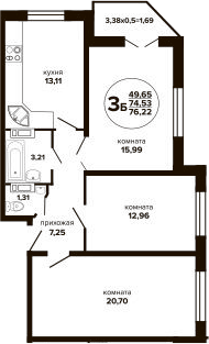 3-комн., 74.53 м², 23/24 этаж, ЖК «Гулливер»