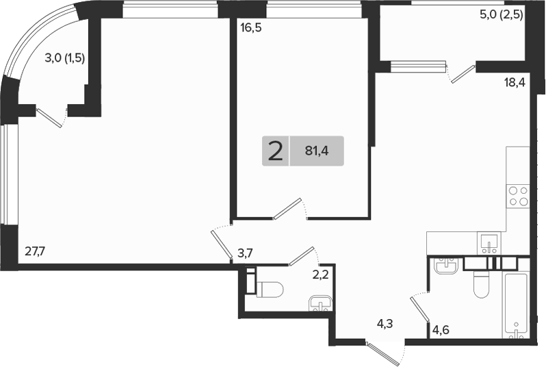 2-комн., 77.4 м², 13/18 этаж, ЖК «Эрмитаж»