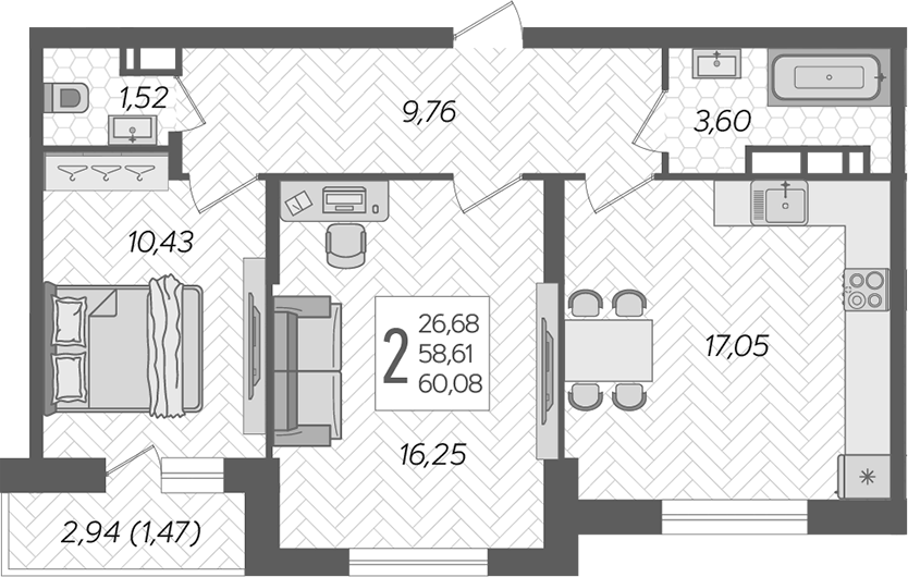 2-комн., 58.61 м², 9/19 этаж, ЖК «Смородина»
