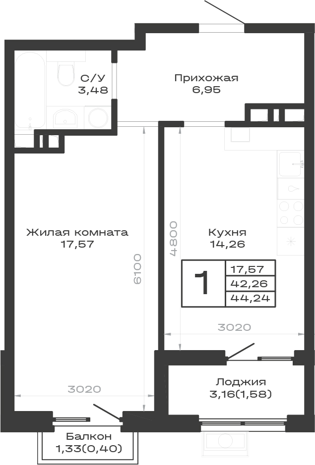 1-комн., 42.26 м², 5/9 этаж, ЖК «Суворов. ГК Во-первых»