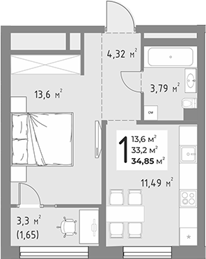 1-комн., 33.2 м², 3/9 этаж, ЖК «Коллекция»