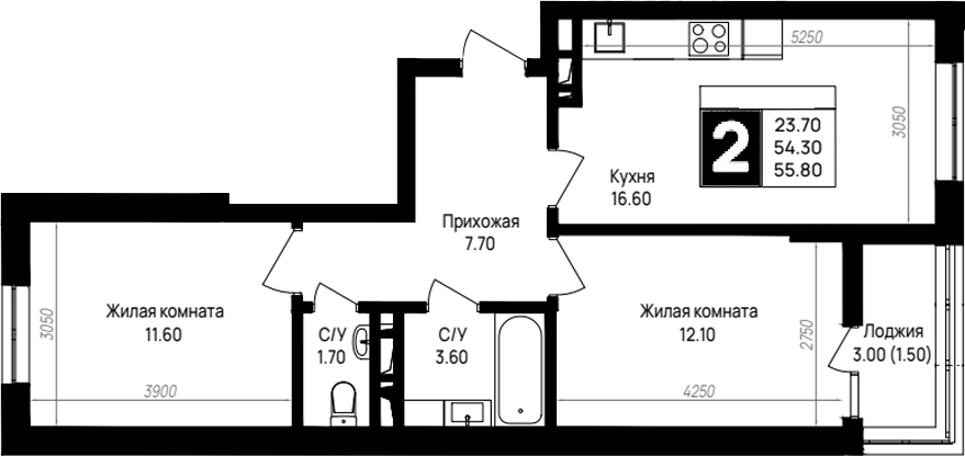 2-комн., 54.3 м², 8/9 этаж, ЖК «На высоком берегу»