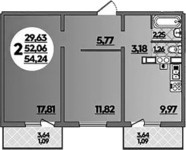2-комн., 52.06 м², 4/5 этаж, ЖК «Тихорецк»