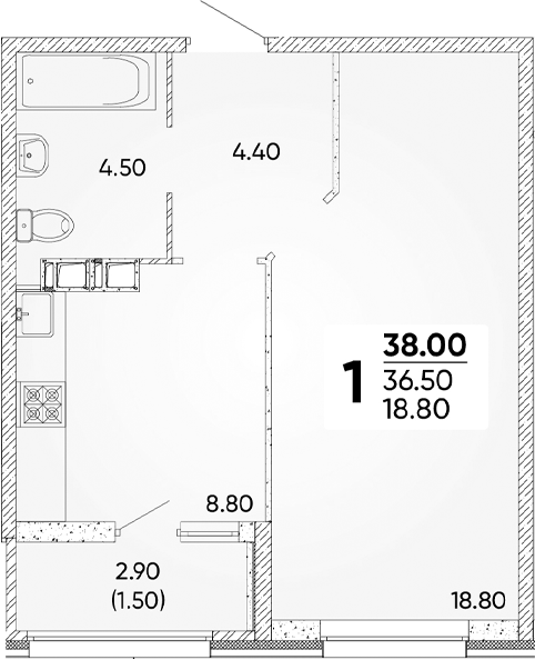 1-комн., 36.5 м², 5/9 этаж, ЖК «Архитектор. ГК ЮгСтройИнвест»