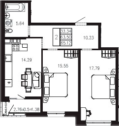 2-комн., 63.48 м², 2/9 этаж, ЖК «Суворов»
